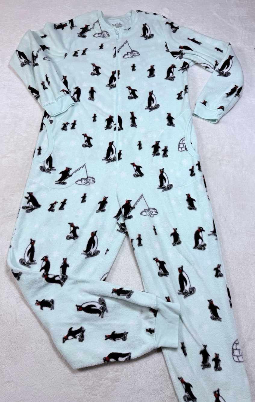 Nick & Nora Fleece Penguin One Piece Pajama Mint Green Ice Fishing Winter Sz Med